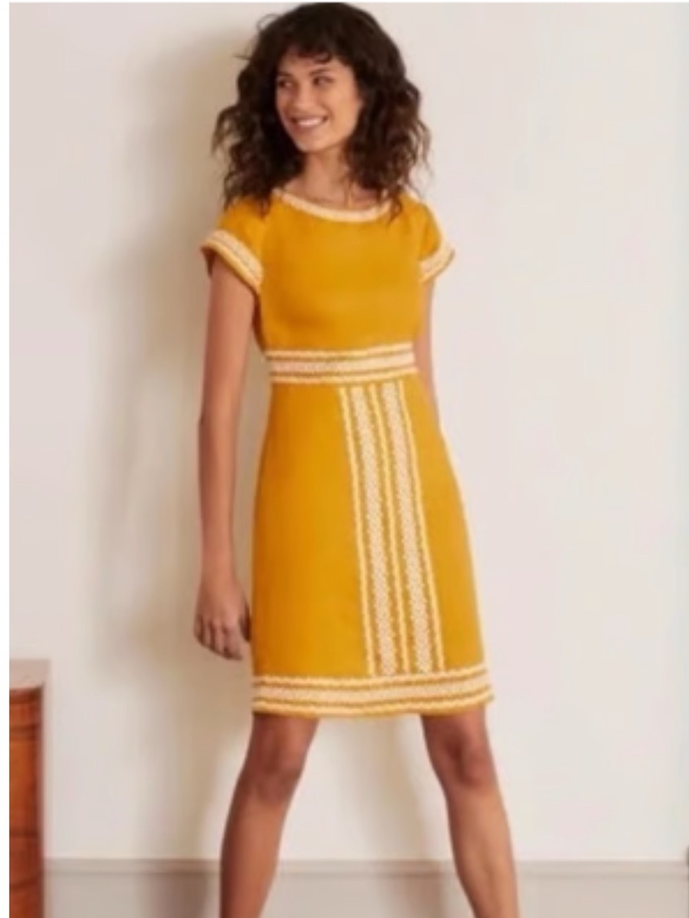 Boden Laura Mustard Yellow Linen Mini Dress with Contrast Trim Size 2R